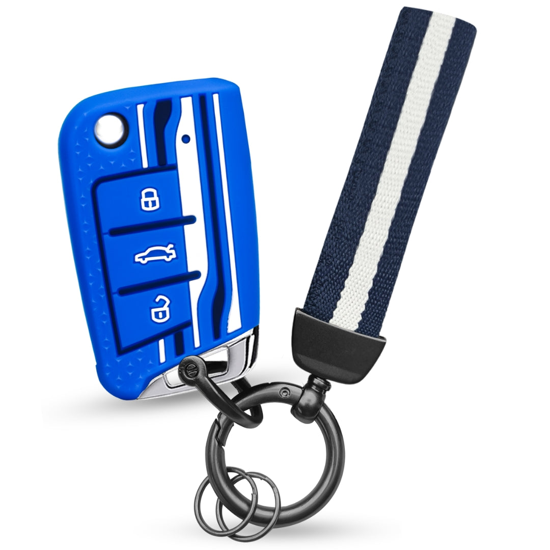 Keycept Tristar Silicone Car Key Cover for Skoda Kushaq, Octavia, Kodiaq, Superb, Slavia, Passat, Virtus, T Roc 3 Button Flip Key with Keychain (Type K7)