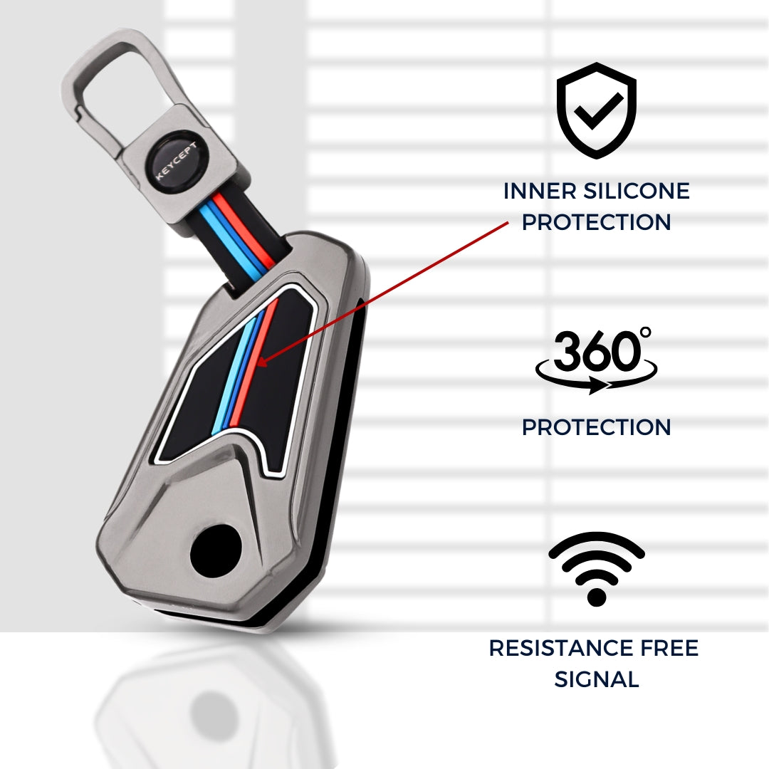 Keycept Metal Alloy Car Key Cover for Universal Bike Hero, Royal Enfield, Bajaj, TVS, Yamaha, Honda bikes flip key cover with keychain (Dual Black & Tan)