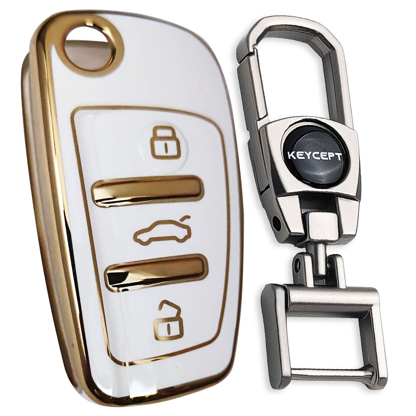White Gold Line TPU Key Cover for Audi A1, A3, A6, Q2, Q3, Q7, TT, TTS, R8, S3, S6, RS 3 button flip key With Keychain