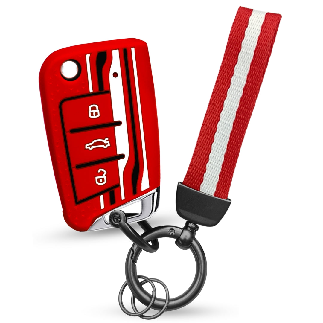 Keycept Tristar Silicone Car Key Cover for Skoda Kushaq, Octavia, Kodiaq, Superb, Slavia, Passat, Virtus, T Roc 3 Button Flip Key with Keychain (Type K7)