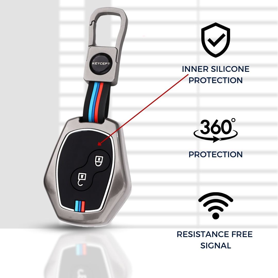 Keycept Metal Alloy Car Key Cover for Renault Logan, Duster, Verito, Lodgy 2 Button Key Cover with Keychain (Dual Black & Tan)