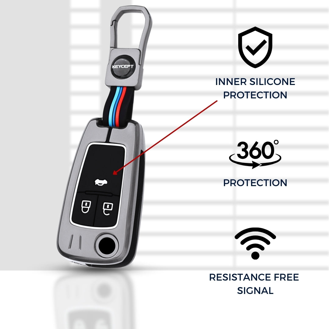 Keycept Metal Alloy Car Key Cover for Chevrolet Cruze | Beat | Avio | Spark 3 Button Flip Key Only with keychain (Type M1)