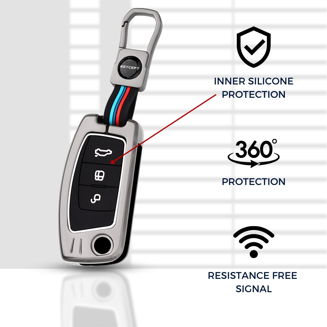 Metal Alloy Key Cover For Ford Fiesta, Figo, Old Ecosport 3 Button Flip Key with Keychain.