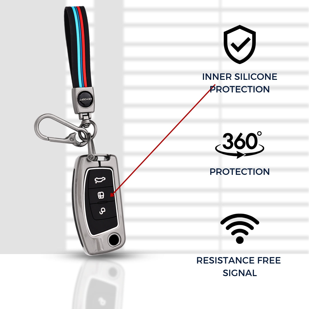 Metal Alloy Key Cover For Ford Fiesta, Figo, Old Ecosport 3 Button Flip Key with Keychain.
