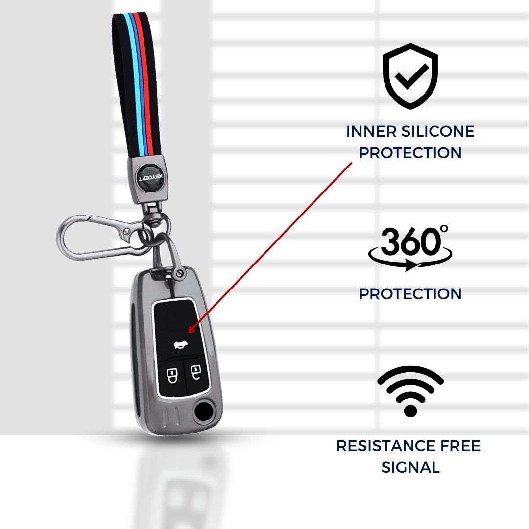 Keycept Metal Alloy Car Key Cover for Chevrolet Cruze | Beat | Avio | Spark 3 Button Flip Key Only with keychain (Type M2)