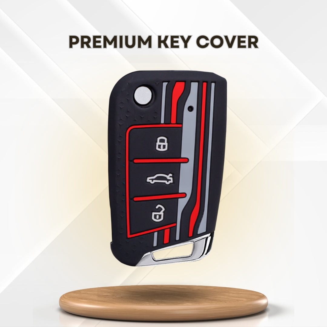 Keycept Tristar Silicone Car Key Cover for Skoda Kushaq, Octavia, Kodiaq, Superb, Slavia, Passat, Virtus, T Roc 3 Button Flip Key with Keychain (Type K2)
