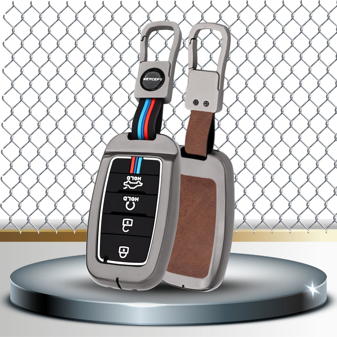 Keycept Metal Alloy Car Key Cover for Kia Seltos, Sonet, Carens 4 Button Smart Key with Keychain (Dual Black & Tan)