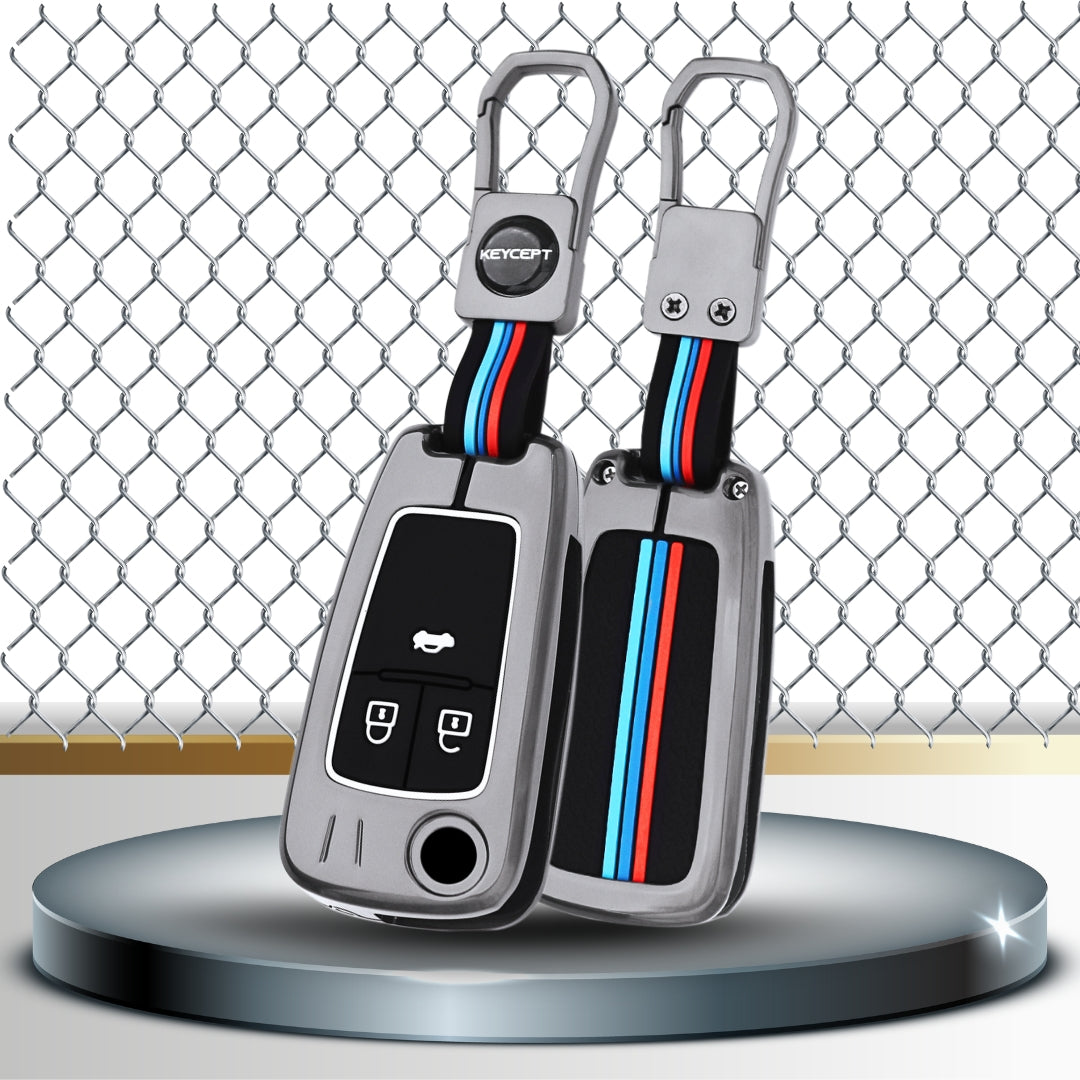 Keycept Metal Alloy Car Key Cover for Chevrolet Cruze | Beat | Avio | Spark 3 Button Flip Key Only with keychain (Type M1)