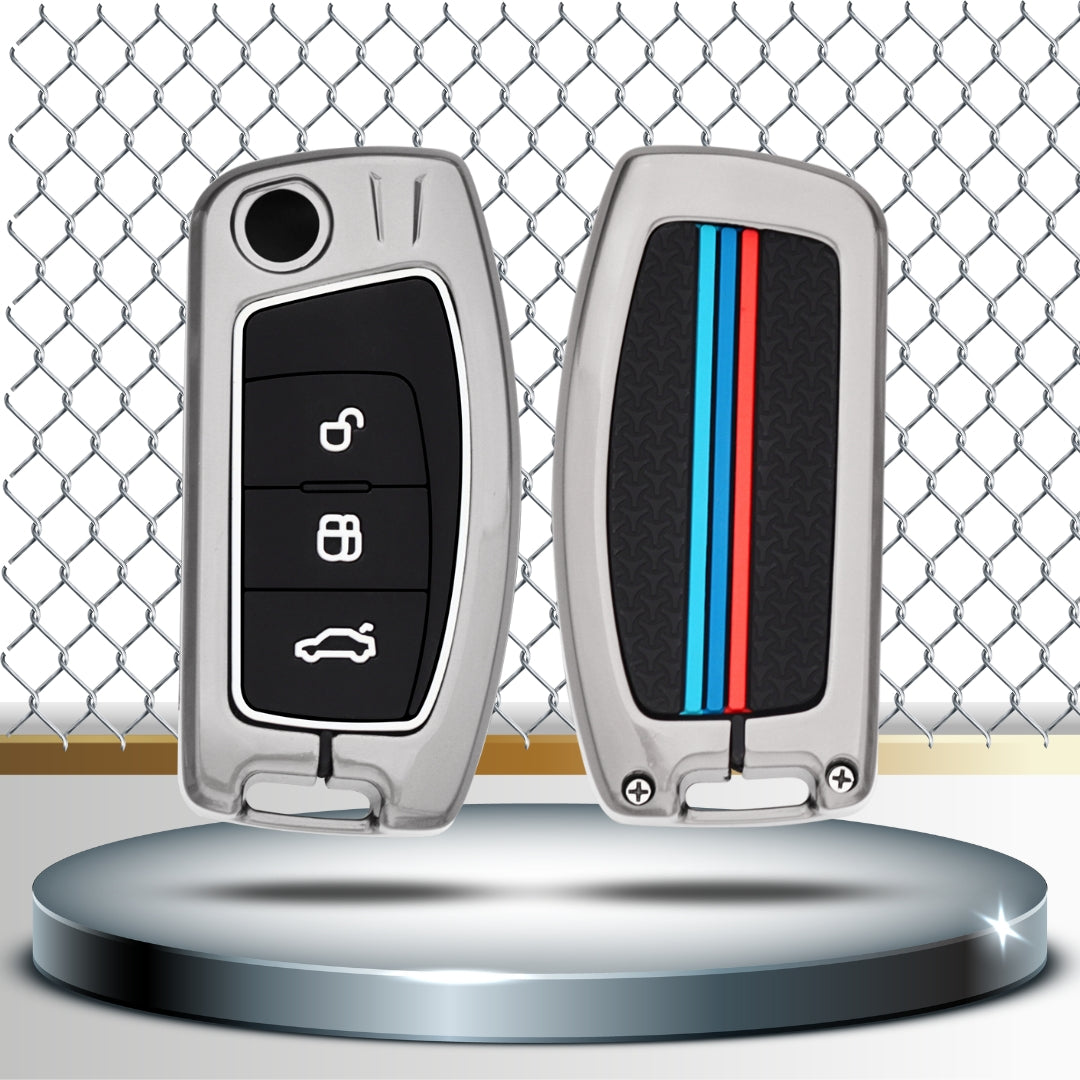 Metal Alloy Key Cover For Ford Fiesta, Figo, Old Ecosport 3 Button Flip Key with Keychain.