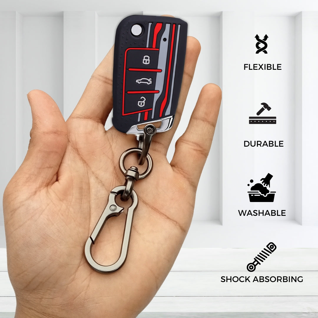 Keycept Tristar Silicone Car Key Cover for Skoda Kushaq, Octavia, Kodiaq, Superb, Slavia, Passat, Virtus, T Roc 3 Button Flip Key with Keychain (Type K1)
