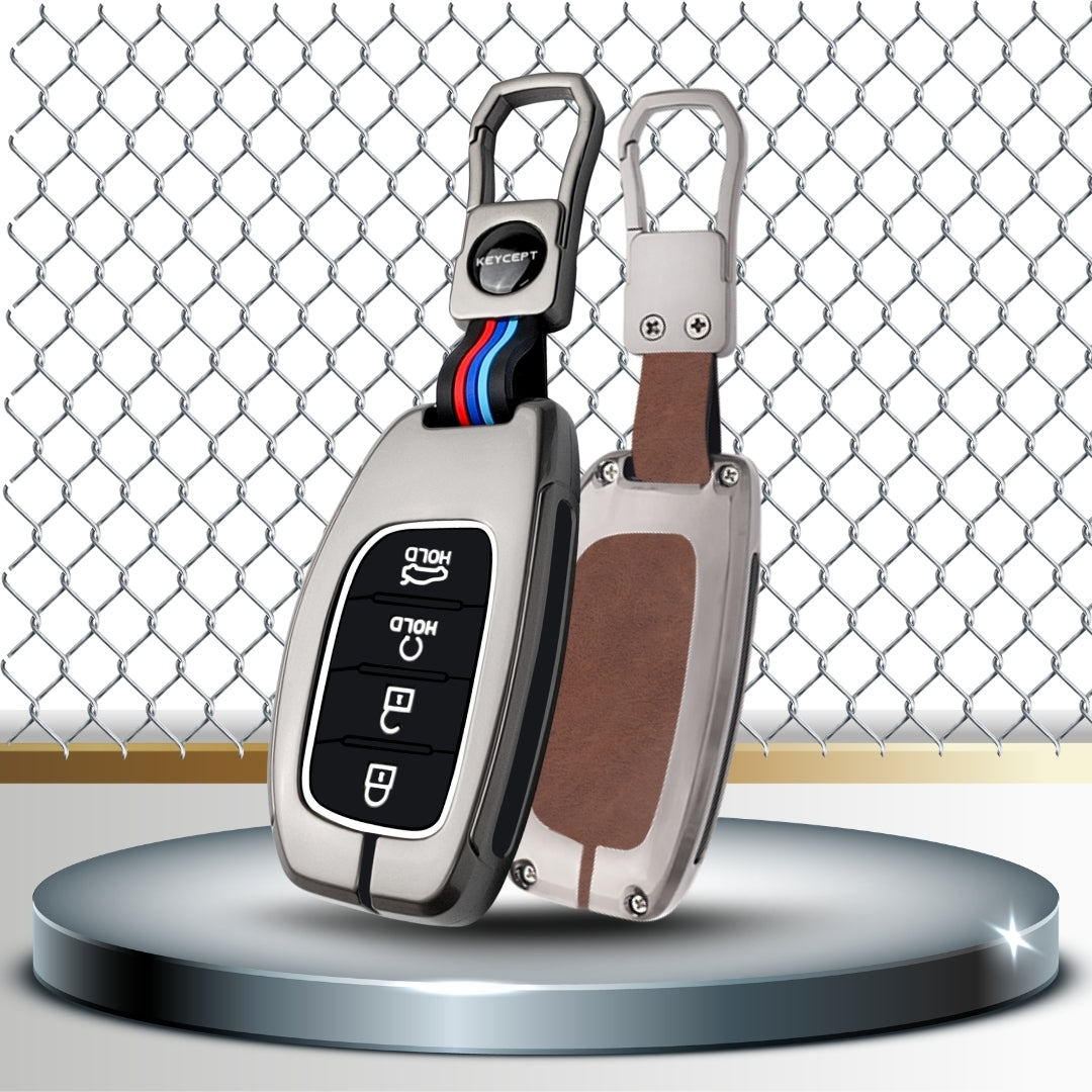 Keycept Metal Alloy Car Key Cover for Hyundai Alcazar, Creta, Tucson - 4 Button Smart Key with Keychain (Dual Black & Tan)