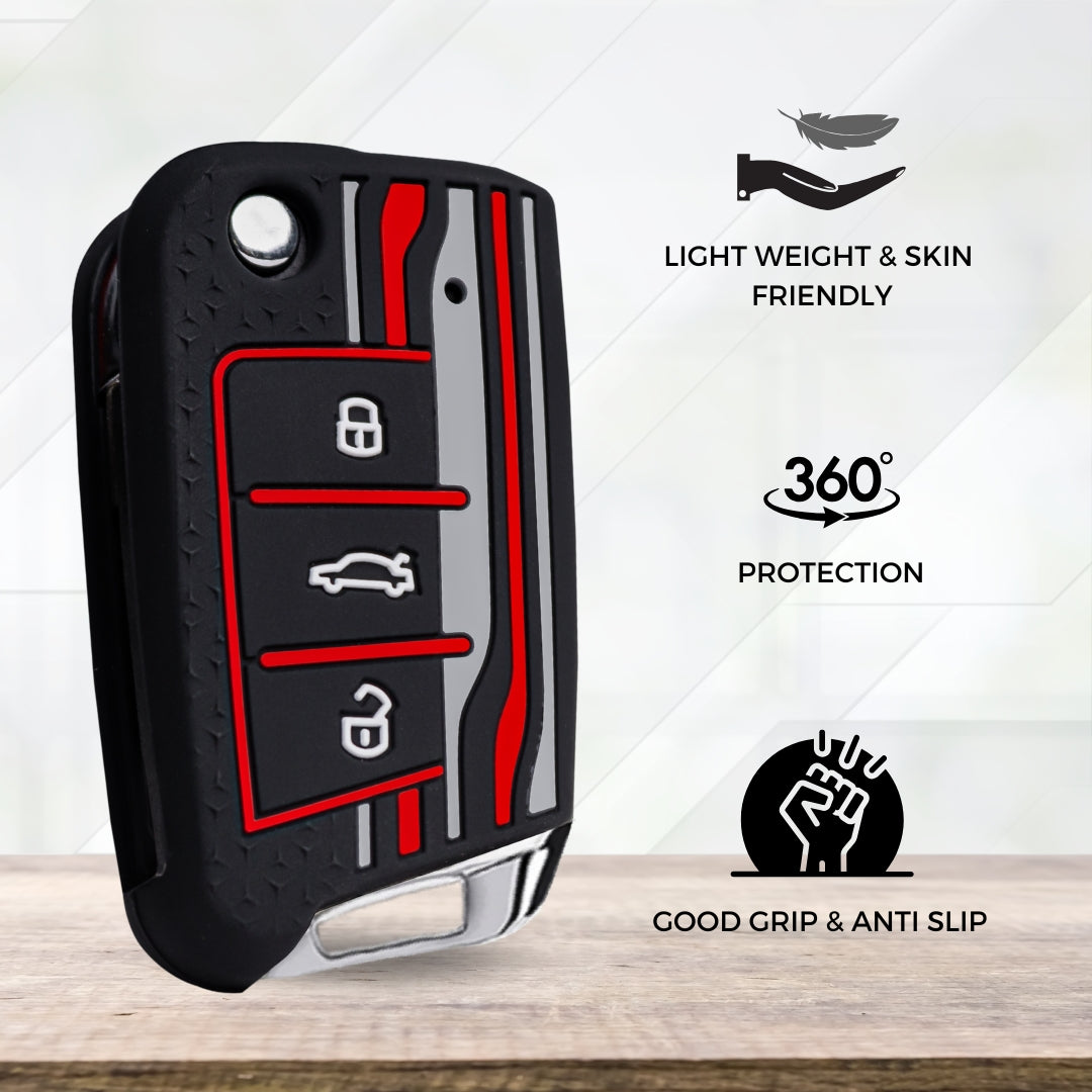 Keycept Tristar Silicone Car Key Cover for Skoda Kushaq, Octavia, Kodiaq, Superb, Slavia, Passat, Virtus, T Roc 3 Button Flip Key with Keychain (Type K7)