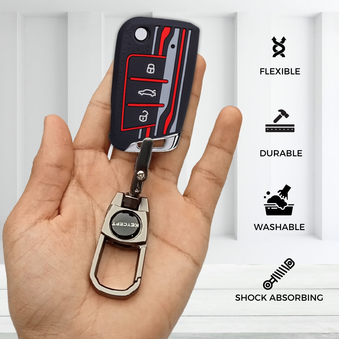 Keycept Tristar Silicone Car Key Cover for Skoda Kushaq, Octavia, Kodiaq, Superb, Slavia, Passat, Virtus, T Roc 3 Button Flip Key with Keychain (Type K2)
