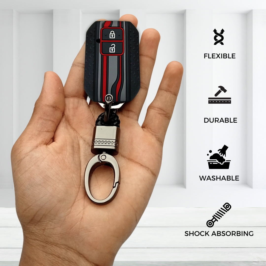 Black TriStar Silicone Key Cover for Suzuki Dzire, Glanza, Urban Cruiser Hyryder Smart Key with Keychain