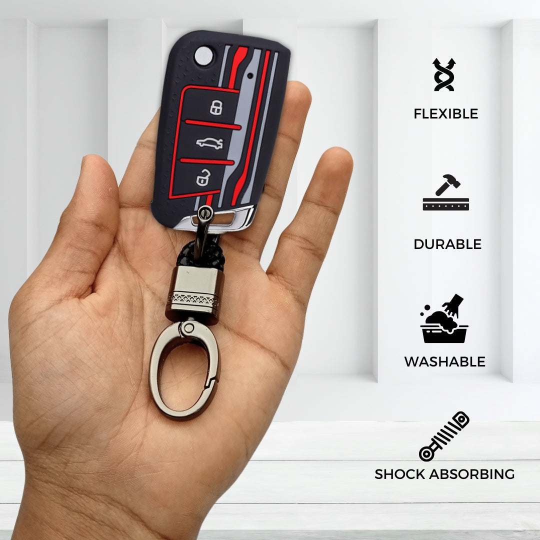 Keycept Tristar Silicone Car Key Cover for Skoda Kushaq, Octavia, Kodiaq, Superb, Slavia, Passat, Virtus, T Roc 3 Button Flip Key with Keychain (Type K4)