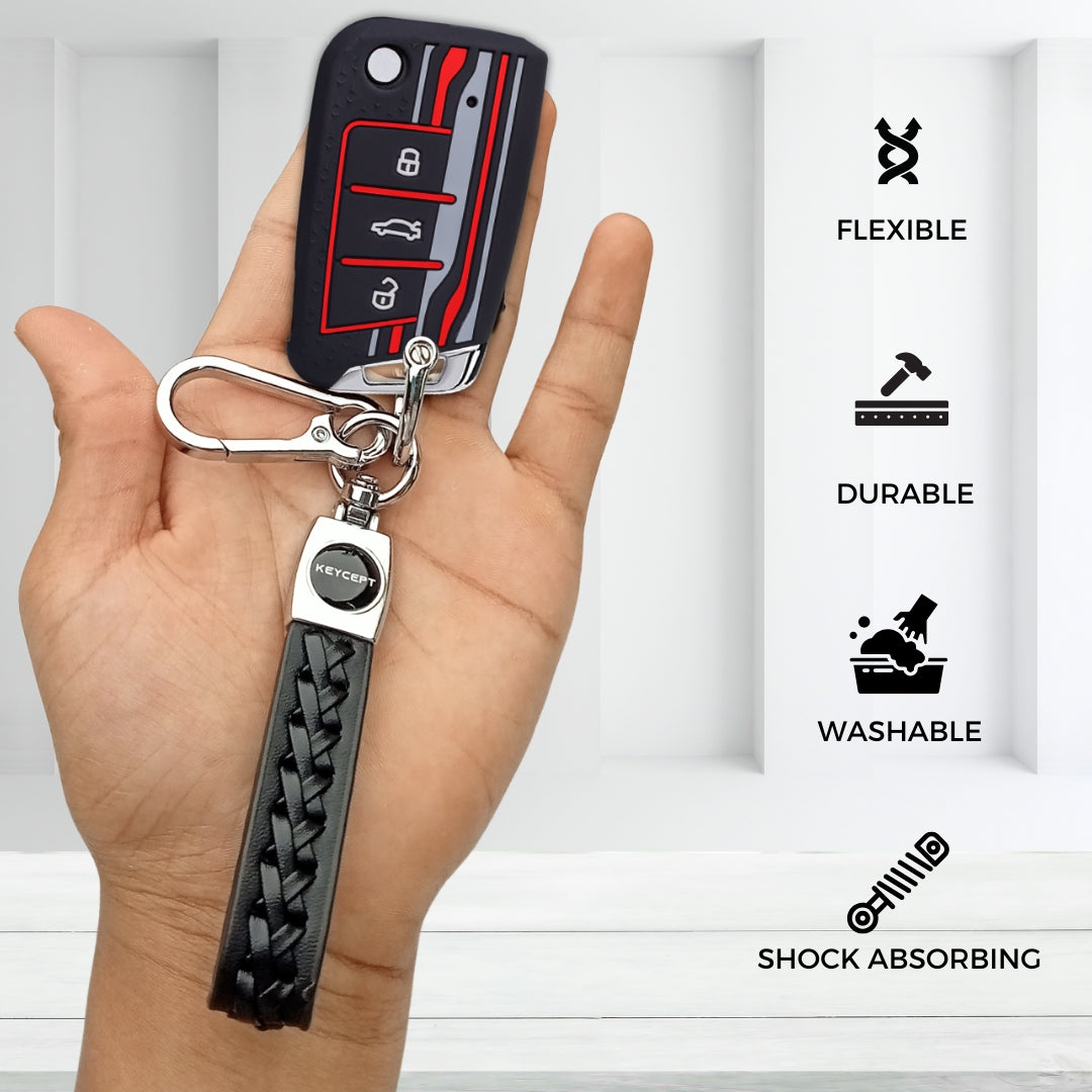 Keycept Tristar Silicone Car Key Cover for Skoda Kushaq, Octavia, Kodiaq, Superb, Slavia, Passat, Virtus, T Roc 3 Button Flip Key with Keychain (Type K5)