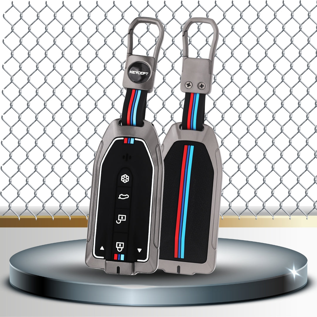 Keycept Metal Alloy Key Cover Compatible with Mahindra XEV 9e & BE 6e – 4/6 Button Smart Key Cover with Keychain (Type M1)