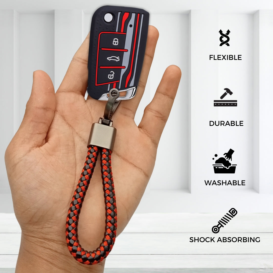 Keycept Tristar Silicone Car Key Cover for Skoda Kushaq, Octavia, Kodiaq, Superb, Slavia, Passat, Virtus, T Roc 3 Button Flip Key with Keychain (Type K6)