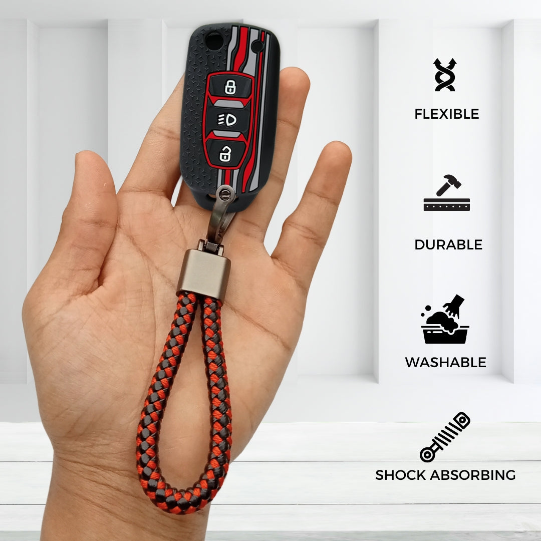 TriStar Silicone Key Cover for Tata Tigor, Bolt, Nexon, Hexa, Zest, Tiago, Punch, Safari, Altroz, Storme 3 button Flip Key with Keychain