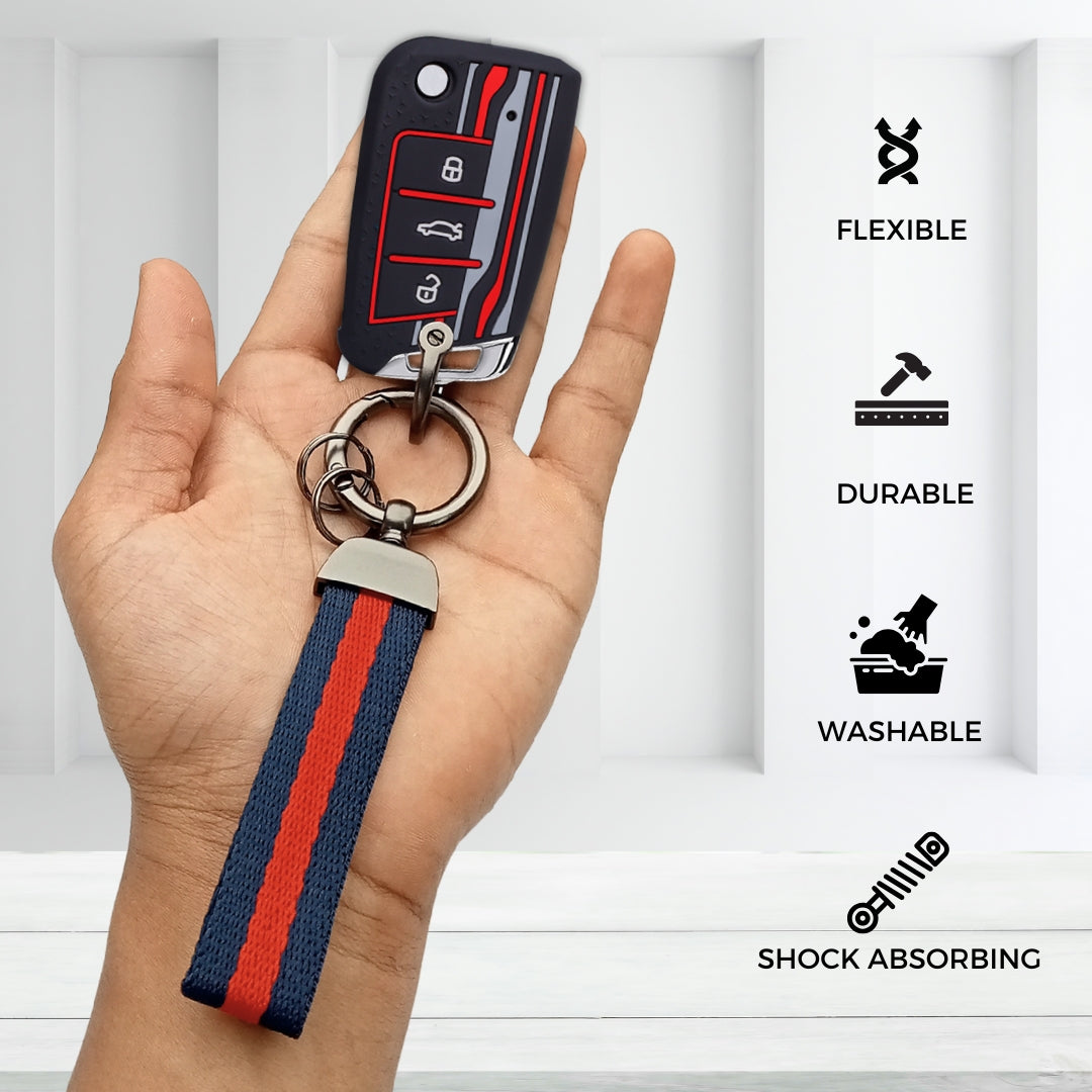 Keycept Tristar Silicone Car Key Cover for Skoda Kushaq, Octavia, Kodiaq, Superb, Slavia, Passat, Virtus, T Roc 3 Button Flip Key with Keychain (Type K7)