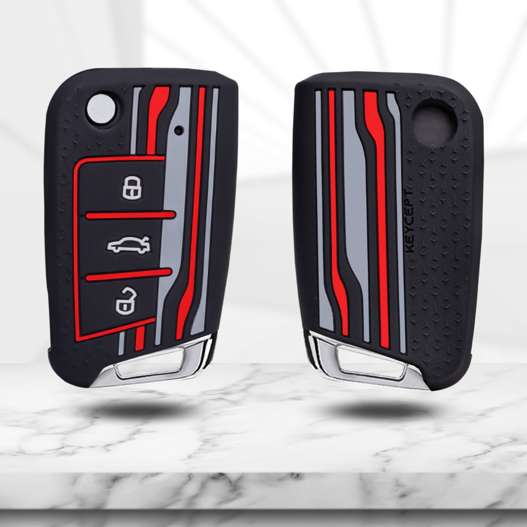 Keycept Tristar Silicone Car Key Cover for Skoda Kushaq, Octavia, Kodiaq, Superb, Slavia, Passat, Virtus, T Roc 3 Button Flip Key with Keychain (Type K2)