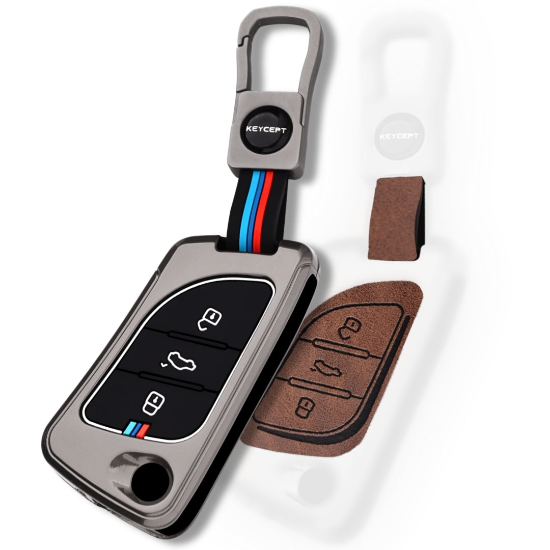 Keycept Metal Alloy Car Key Cover for Universal KD/ Xhorse, LX-B30 universal remote flip Key Cover with Keychain (Dual Black & Tan)