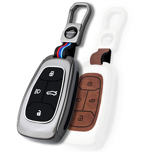 Keycept Metal Alloy Car Key Cover for Tata Nexon, Harrier, Safari, Altroz, Tigor, EV Electric, EV Max, Punch, Tiago Key Cover with Keychain (Dual Black & Tan)
