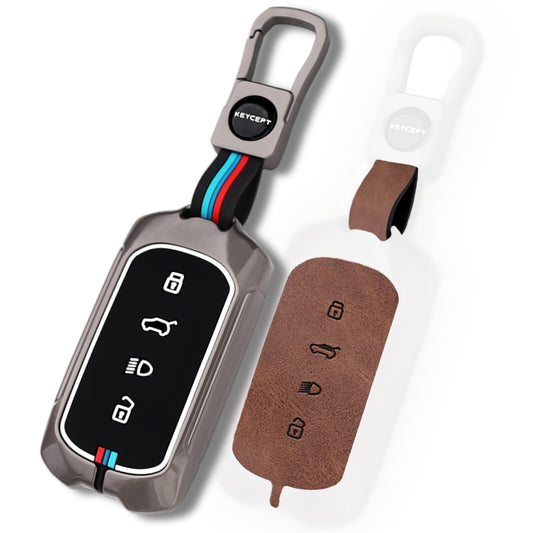 Keycept Metal Alloy Car Key Cover for Tata Curvv, Curvv EV Smart Key Cover with Keychain (Dual Black & Tan)