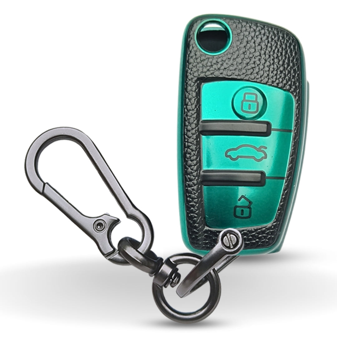 Green TPU Lather Key Cover for A1, A3, A6, Q2, Q3, Q7, TT, TTS, R8, S3, S6, & RS3 3 button flip key With Keychain
