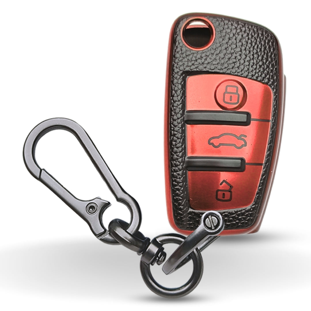 Red TPU Lather Key Cover for A1, A3, A6, Q2, Q3, Q7, TT, TTS, R8, S3, S6, & RS3 3 button flip key With Keychain