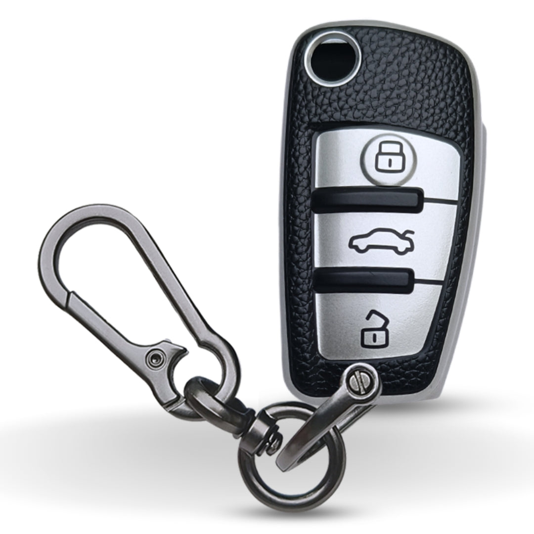 Silver TPU Lather Key Cover for A1, A3, A6, Q2, Q3, Q7, TT, TTS, R8, S3, S6, & RS3 3 button flip key With Keychain