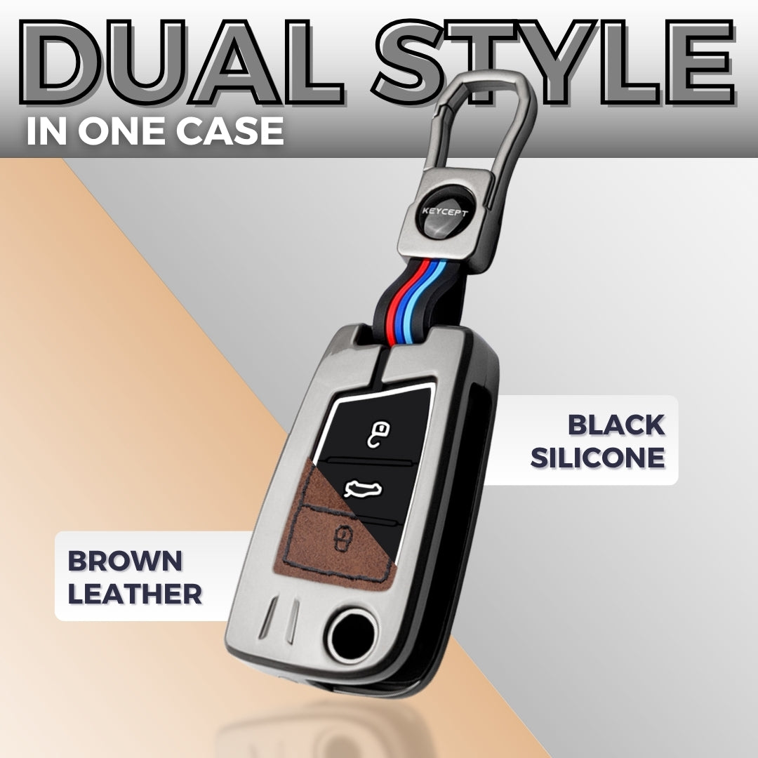 Keycept Metal Alloy Car Key Cover for Skoda/Volkswagen Kushaq, Octavia, Kodiaq, Superb, Slavia, Passat, Virtus, T Roc Key Cover with Keychain (Dual Black & Tan)