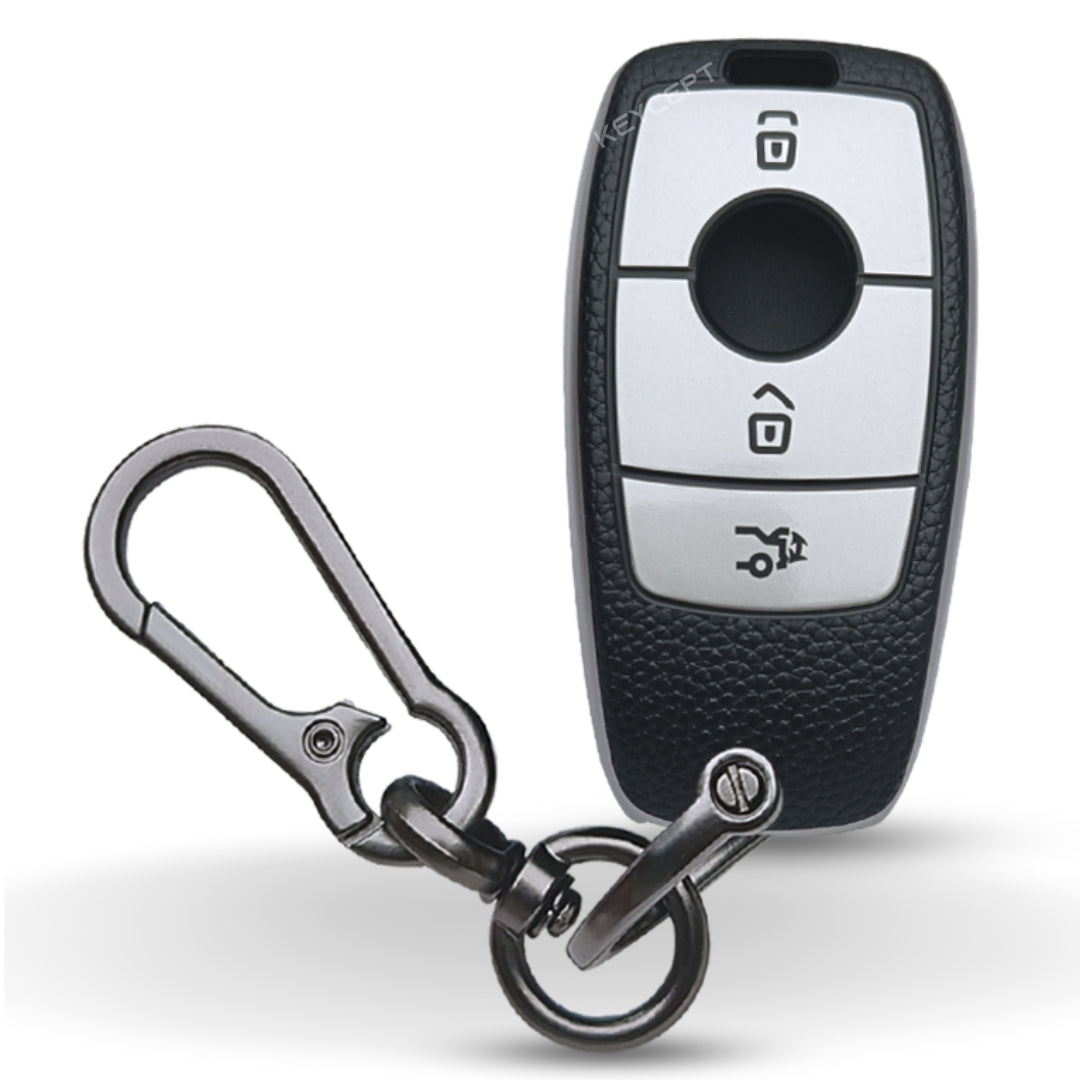 Leather Key Cover Compatible for Mercedes Benz E Series Button Smart Key with Keychain
