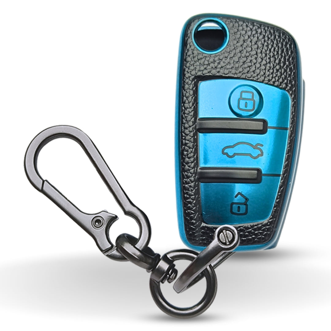 Blue TPU Lather Key Cover for A1, A3, A6, Q2, Q3, Q7, TT, TTS, R8, S3, S6, & RS3 3 button flip key With Keychain