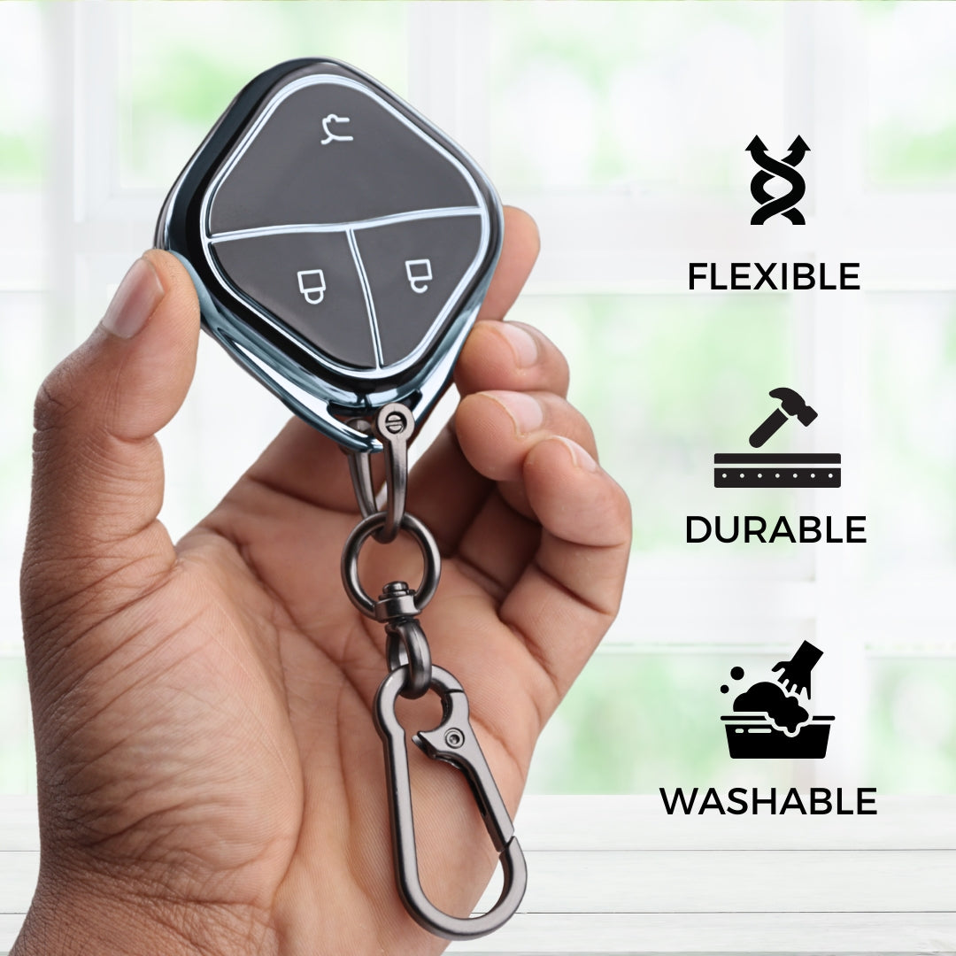 Silver Line TPU Key Cover for MG Comet 3 button Smart key with Keychain.