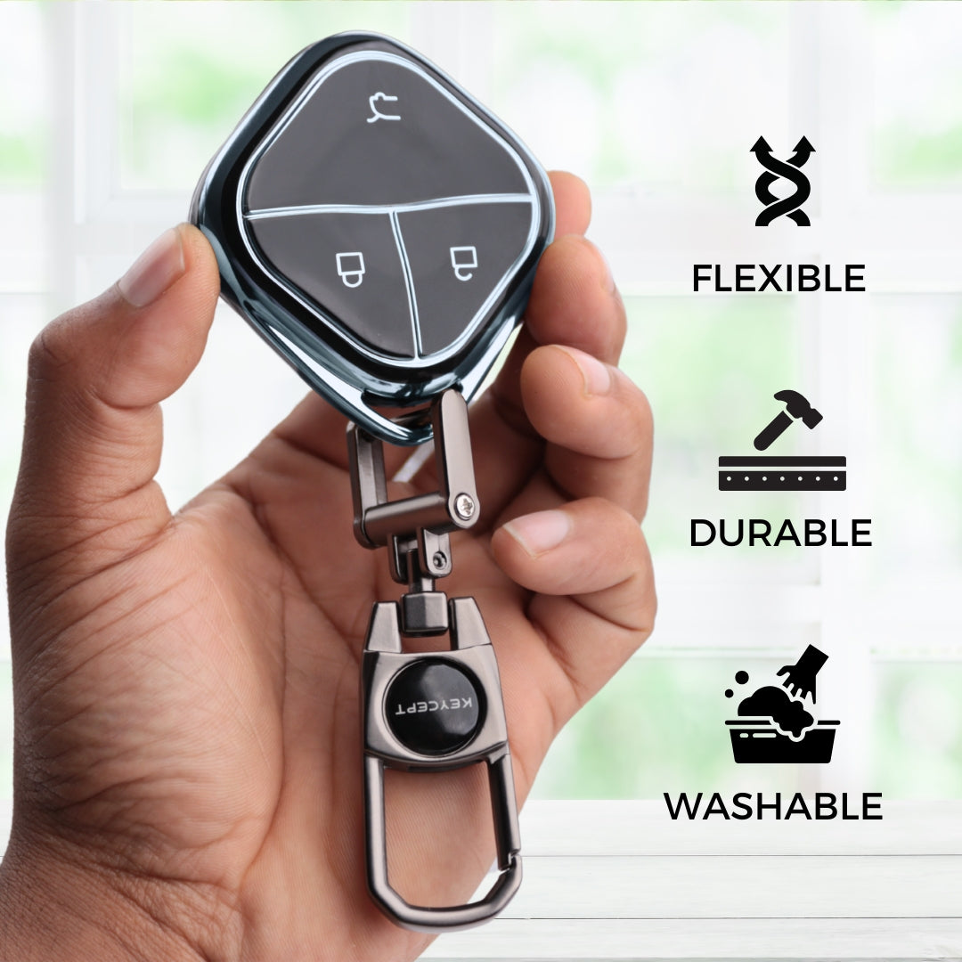 Silver Line TPU Key Cover for MG Comet 3 button Smart key with Keychain.