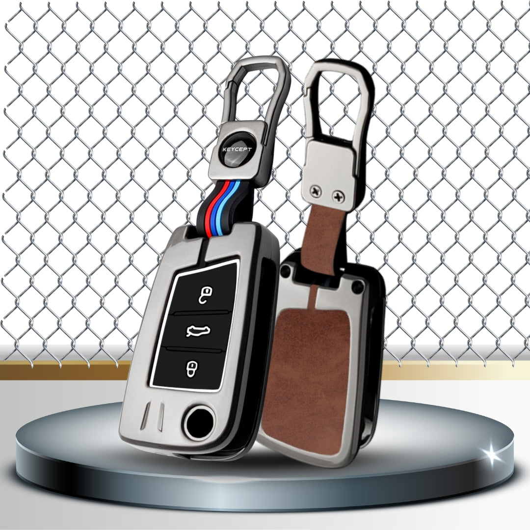Keycept Metal Alloy Car Key Cover for Skoda/Volkswagen Kushaq, Octavia, Kodiaq, Superb, Slavia, Passat, Virtus, T Roc Key Cover with Keychain (Dual Black & Tan)