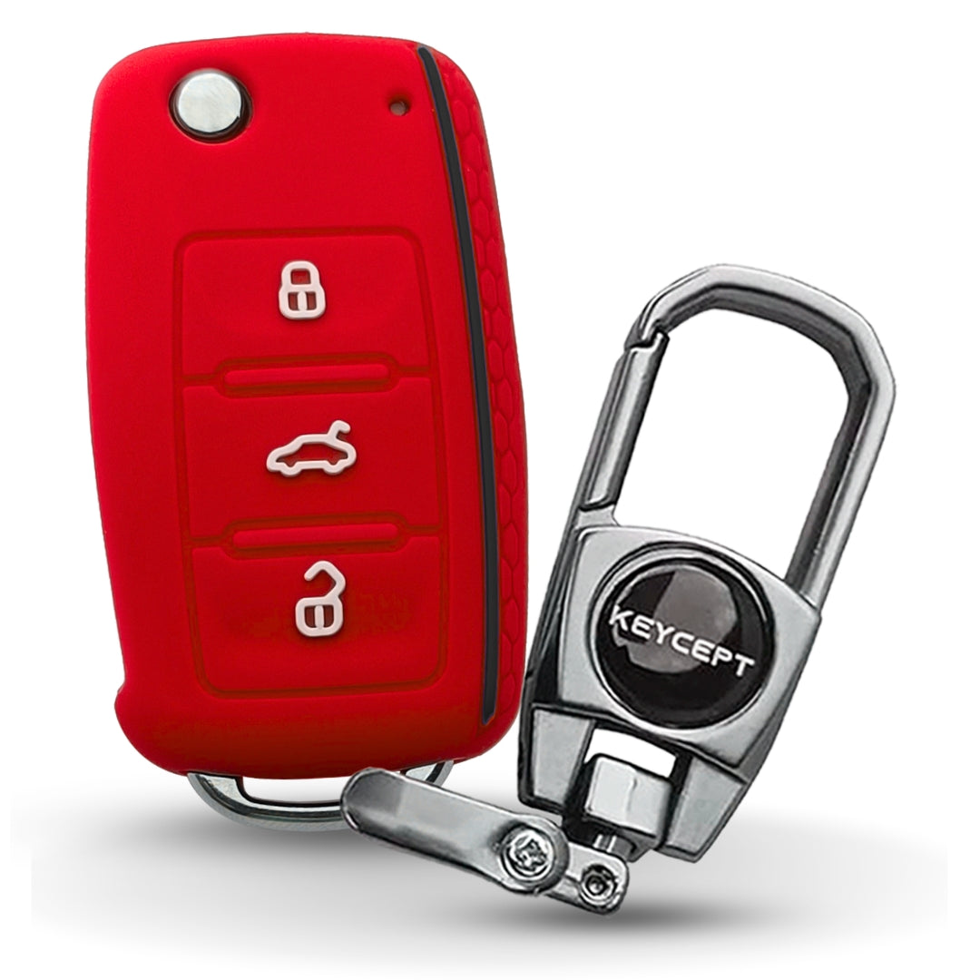 Red Silicone Key Cover for Polo, Ameo, Passat, Rapid, Laura, Superb, Octavia, Fabia, Yeti with keychain