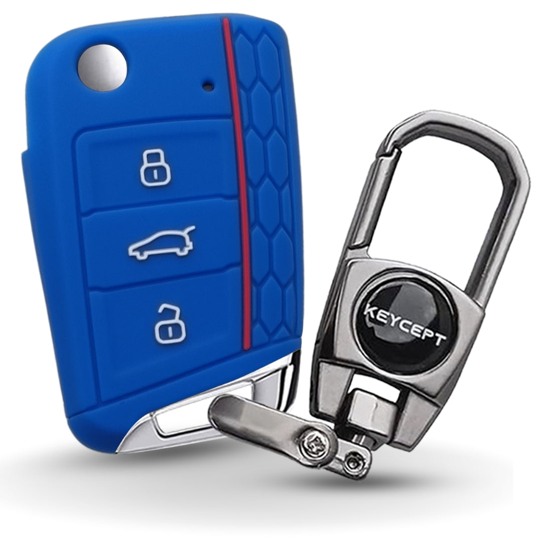 Skoda/Volkswagen Blue Silicone Key Cover for Skoda Kushaq, Kodiaq, Slavia, Octavia, Jetta New Superb Flip Key with Keychain