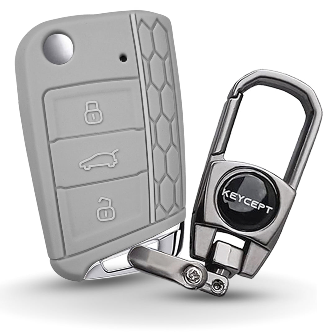 Skoda/Volkswagen Grey Silicone Key Cover for Skoda Kushaq, Kodiaq, Slavia, Octavia, Jetta New Superb Flip Key with Keychain