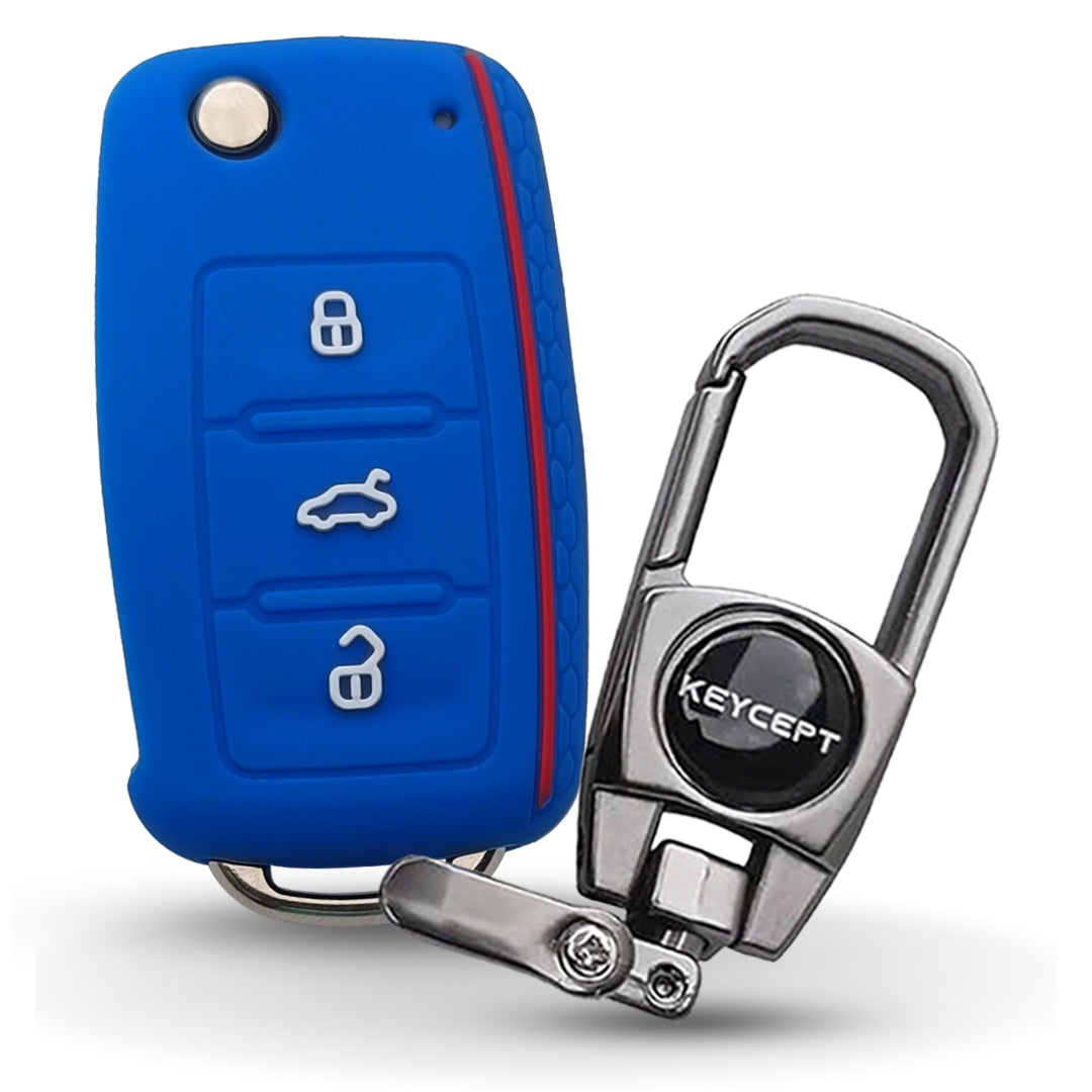 Blue Silicone Key Cover for Polo, Ameo, Passat, Rapid, Laura, Superb, Octavia, Fabia, Yeti with keychain