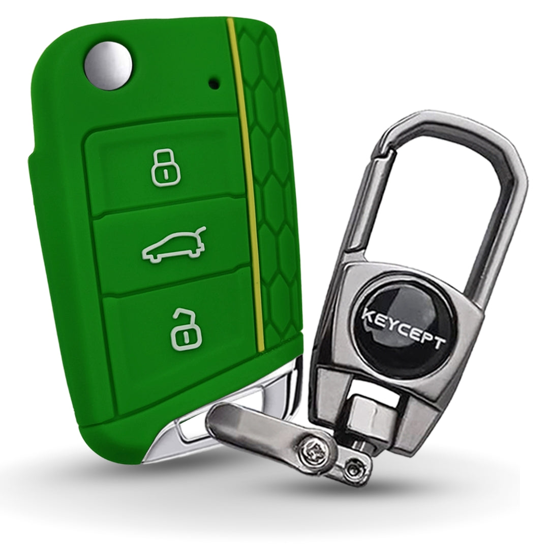 Skoda/Volkswagen Green Silicone Key Cover for Skoda Kushaq, Kodiaq, Slavia, Octavia, Jetta New Superb Flip Key with Keychain
