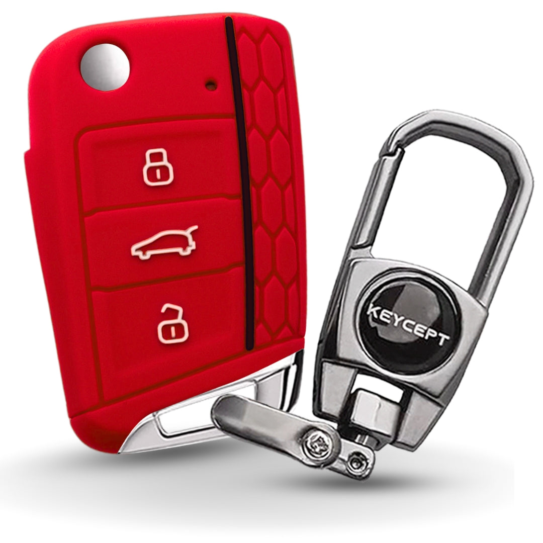 Skoda/Volkswagen Red Silicone Key Cover for Skoda Kushaq, Kodiaq, Slavia, Octavia, Jetta New Superb Flip Key with Keychain