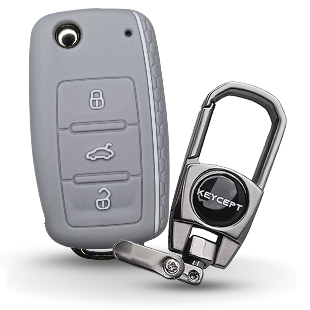 Grey Silicone Key Cover for Polo, Ameo, Passat, Rapid, Laura, Superb, Octavia, Fabia, Yeti with keychain