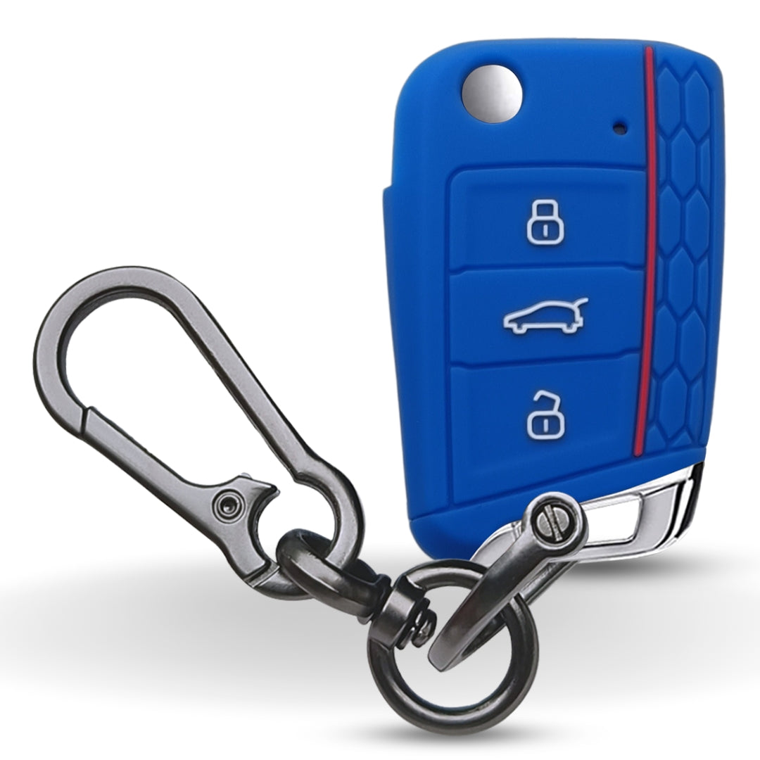 Skoda/Volkswagen Blue Silicone Key Cover for Skoda Kushaq, Kodiaq, Slavia, Octavia, Jetta New Superb Flip Key with Keychain