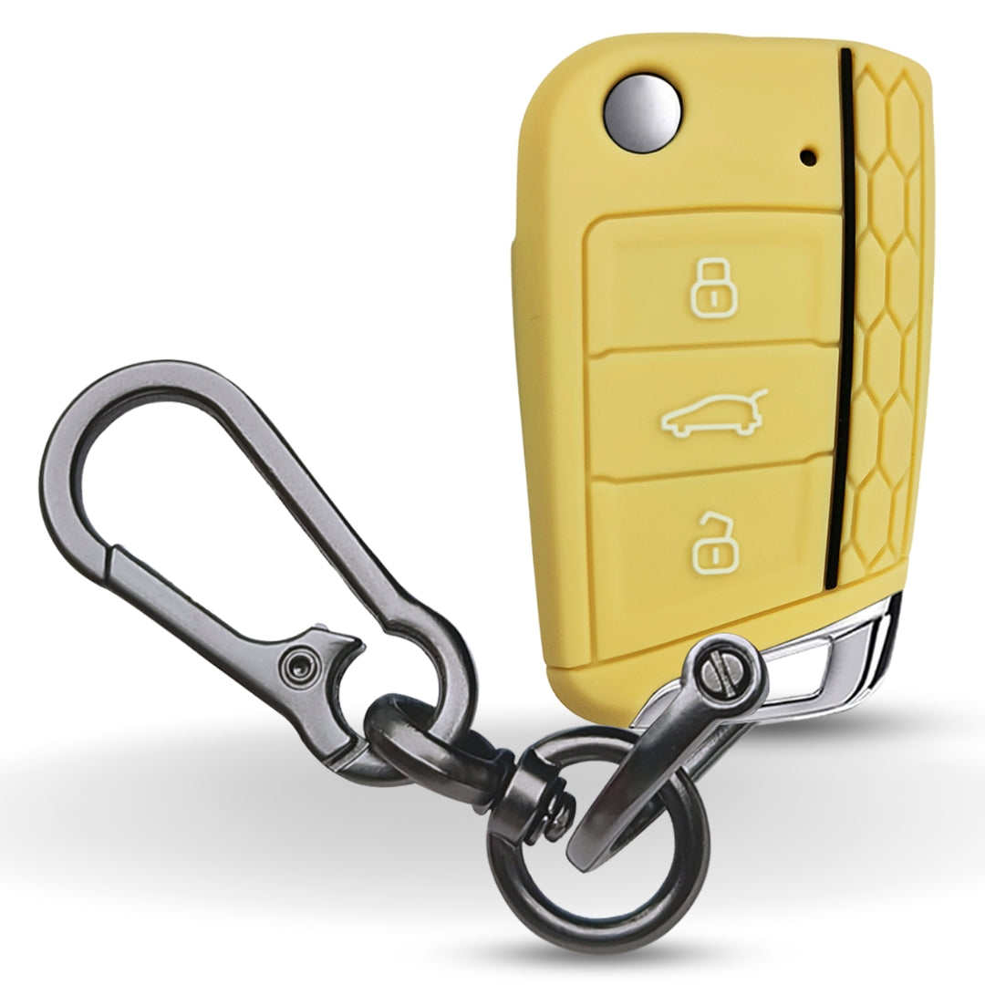 Skoda/Volkswagen Beige Silicone Key Cover for Skoda Kushaq, Kodiaq, Slavia, Octavia, Jetta New Superb Flip Key with Keychain