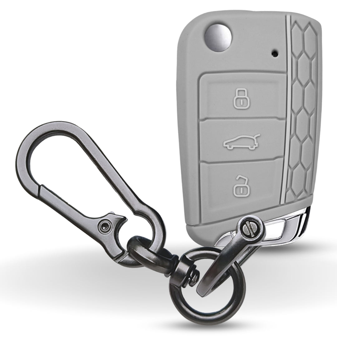Skoda/Volkswagen Grey Silicone Key Cover for Skoda Kushaq, Kodiaq, Slavia, Octavia, Jetta New Superb Flip Key with Keychain
