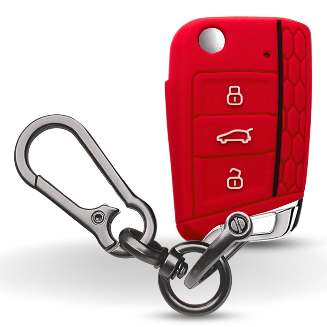 Skoda/Volkswagen Red Silicone Key Cover for Skoda Kushaq, Kodiaq, Slavia, Octavia, Jetta New Superb Flip Key with Keychain