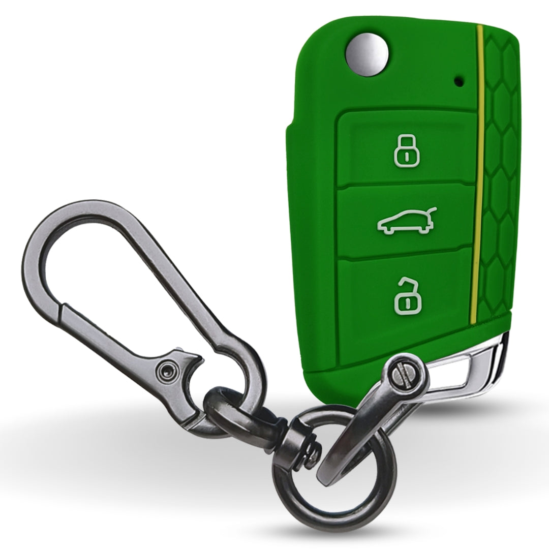 Skoda/Volkswagen Green Silicone Key Cover for Skoda Kushaq, Kodiaq, Slavia, Octavia, Jetta New Superb Flip Key with Keychain