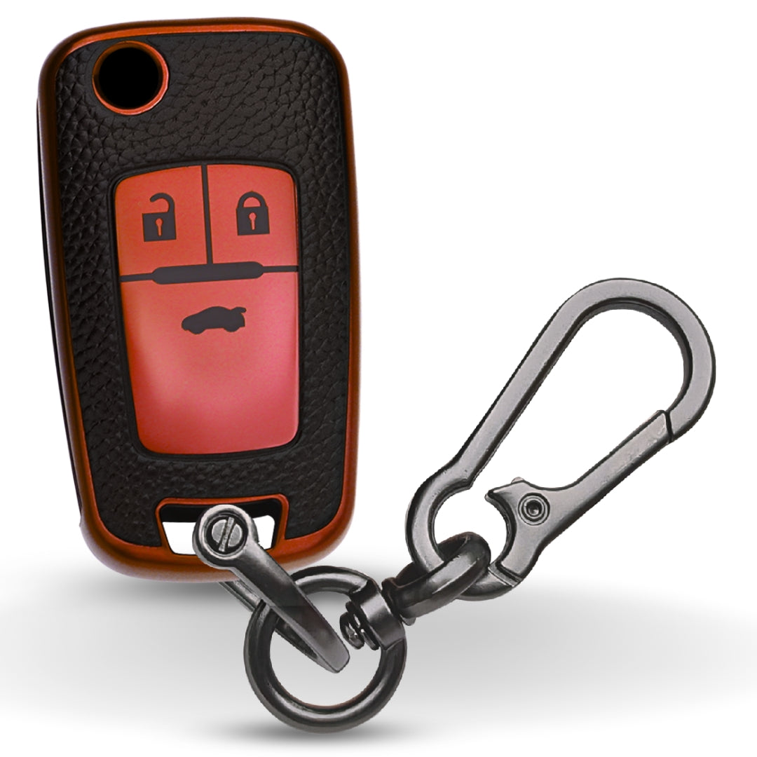 Keycept TPU Leather Car Key Cover for Chevrolet Cruze | Beat | Avio | Spark 3 Button Flip Key Only with keychain (Type K1)